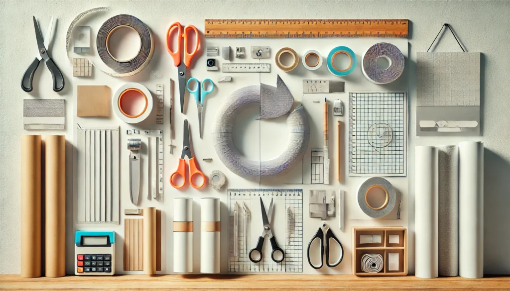 DALL·E 2024-07-03 15.08.24 - A horizontal image depicting a workspace with various tools and materials for testing paper resilience, including a ruler, scissors, adhesive tapes, a - 10 Dicas Essenciais para Escolher o Papel Certo no Artesanato