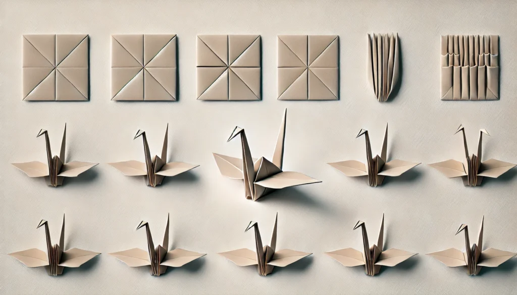 DALL·E 2024-07-03 15.42.32 - A horizontal image showing the step-by-step process of creating a classic Japanese origami crane (Tsuru). The image includes starting with a square pa - Aprenda a Fazer os Clássicos Origamis Japoneses