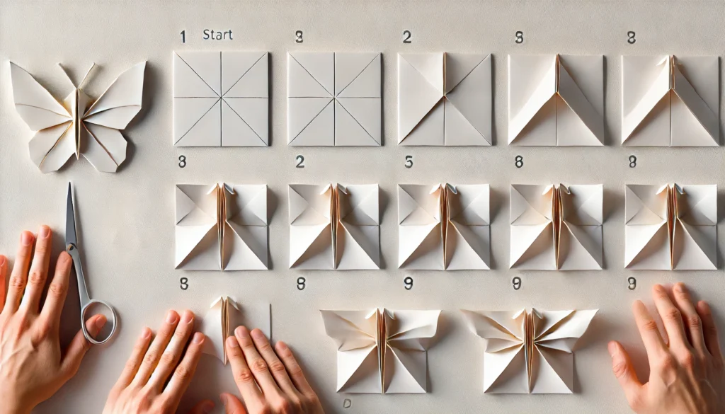 DALL·E 2024-07-03 15.42.35 - A horizontal image showing the step-by-step process of creating a classic Japanese origami butterfly. The image includes starting with a square paper, - Aprenda a Fazer os Clássicos Origamis Japoneses