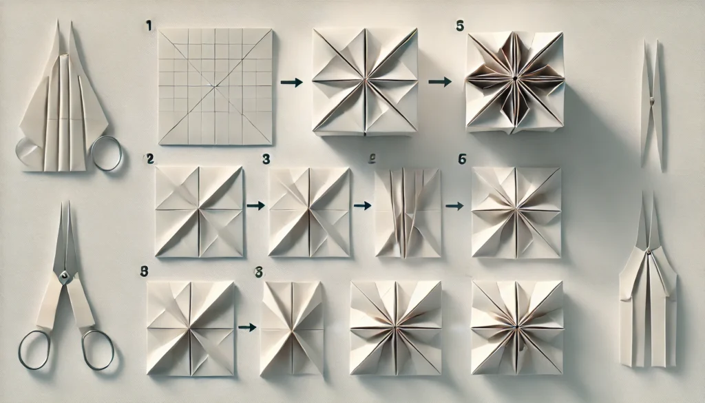 DALL·E 2024-07-03 16.00.29 - A horizontal image showing the step-by-step process of folding a module for a traditional Japanese kusudama. The image includes starting with a square -
