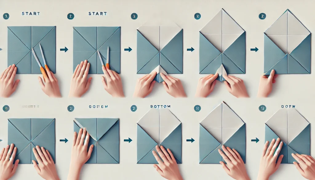 DALL·E 2024-07-03 16.03.51 - A horizontal image showing the step-by-step process of folding a basic origami envelope. The image includes starting with a square paper, folding it d -