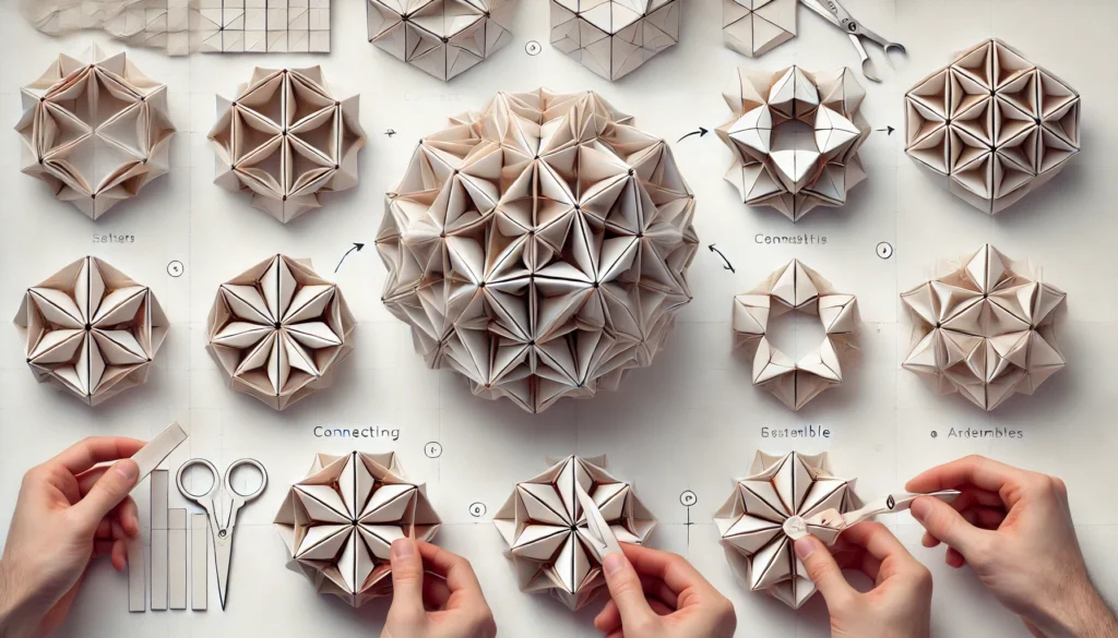 DALL·E 2024-07-03 16.16.48 - A horizontal image showing the step-by-step process of assembling a traditional Japanese kusudama. The image includes connecting folded modules, formi -