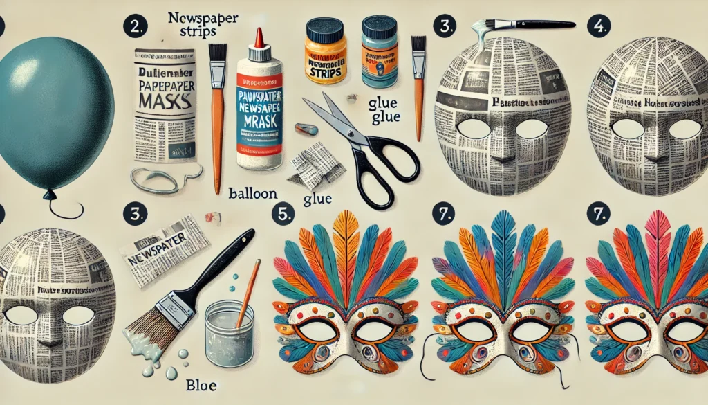 DALL·E 2024-07-06 09.58.22 - Step-by-step illustrations of making a papier-mâché mask. The first image shows materials like a balloon, newspaper strips, glue, and brushes. The sec -