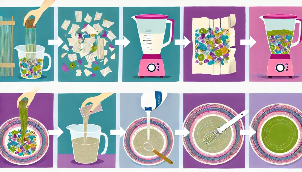DALL·E 2024-07-06 10.03.57 - A modern, step-by-step illustration showing the updated process of making papier-mâché paste. The first panel shows tearing recycled paper into small -