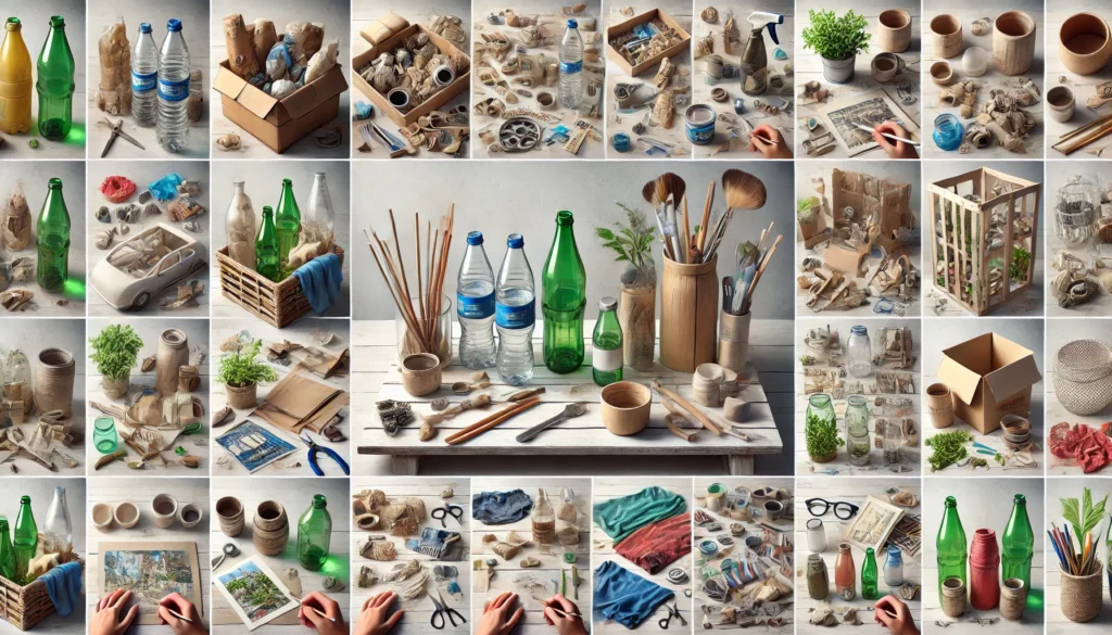 DALL·E 2024-07-06 10.14.13 - A realistic photo showing various steps in creating crafts with recycled materials. The first step displays gathering materials like plastic bottles, -