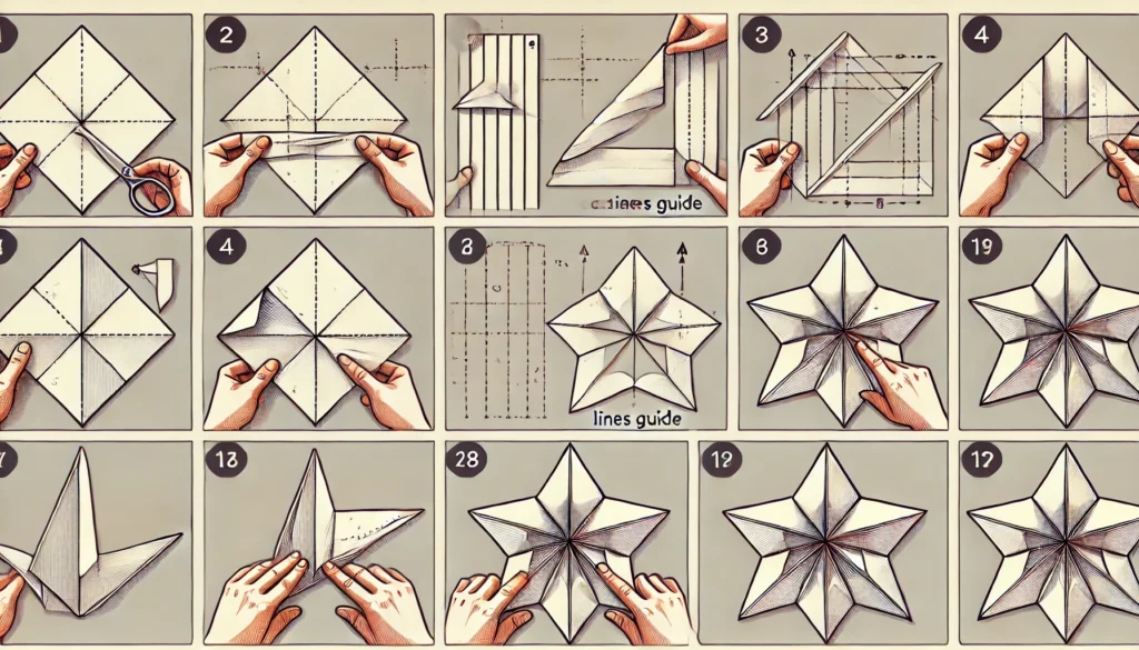 DALL·E 2024-07-15 19.17.27 - A detailed step-by-step guide on how to make a paper origami star. The image should include multiple panels showing each step of the process, from fol - Como Fazer uma Estrela de Papel Origami: Guia Super Detalhado