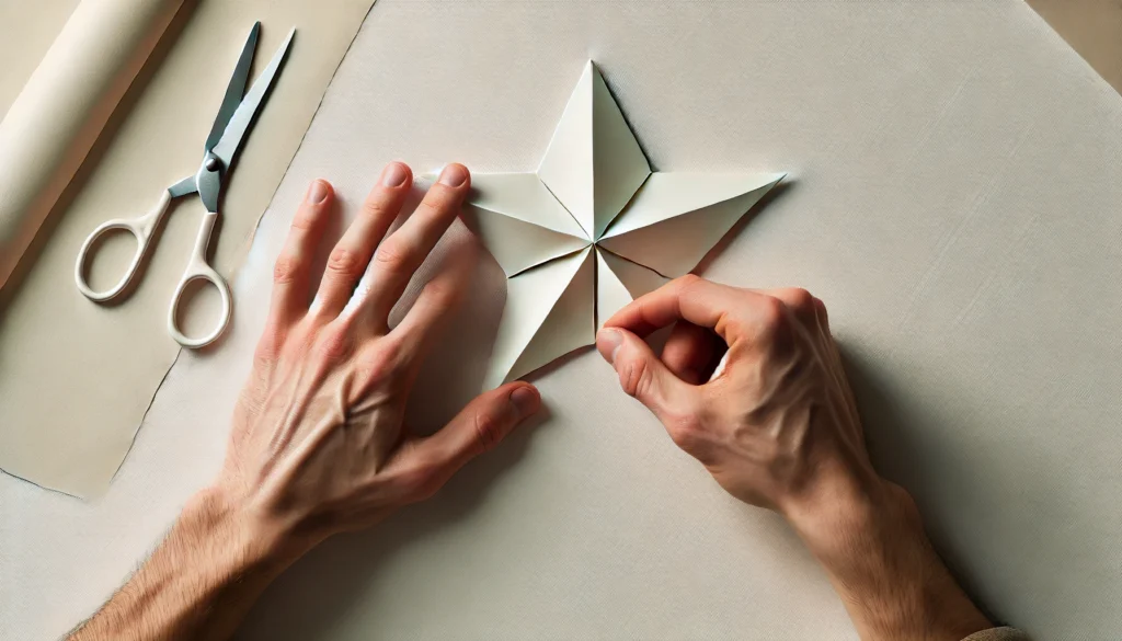 DALL·E 2024-07-15 19.21.13 - A realistic photo of someone making a paper origami star. The person should be carefully folding a square piece of light-colored paper on a clean, fla - Como Fazer uma Estrela de Papel Origami: Guia Super Detalhado