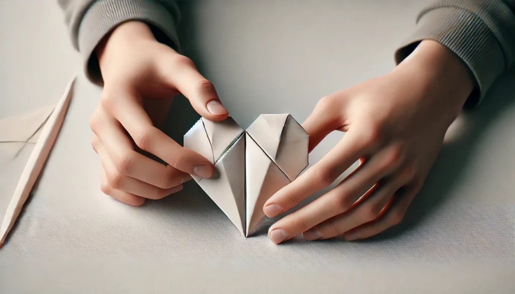 DALL·E 2024-07-15 19.31.05 - A realistic photo of someone making a paper origami heart. The person should be carefully folding a square piece of light-colored paper on a clean, fl - Como Fazer um Origami de Coração: Guia Extremamente Detalhado com Dimensões