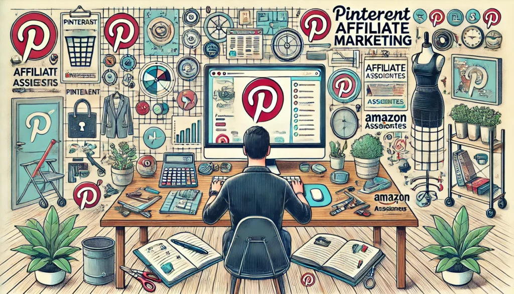 DALL·E 2024-07-18 20.58.14 - A horizontal image showing a person working on Pinterest affiliate marketing at a desk. The desk has a computer screen displaying the Pinterest homepa - Afiliados no Pinterest Como Fazer Marketing para Iniciantes
