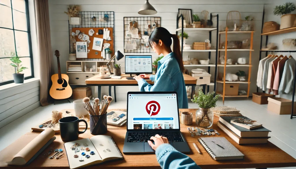 DALL·E 2024-07-18 20.59.07 - A horizontal image showing a person working on Pinterest affiliate marketing in a cozy home office. The desk has a laptop displaying the Pinterest hom - Afiliados no Pinterest Como Fazer Marketing para Iniciantes