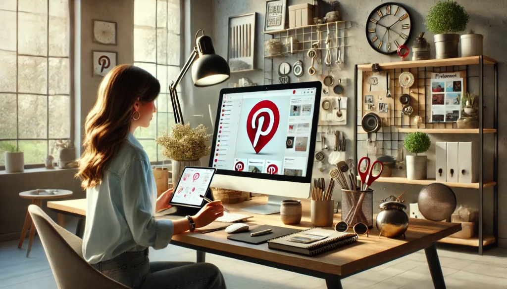 DALL·E 2024-07-18 20.59.33 - A horizontal image showing a person working on Pinterest affiliate marketing in a modern home office. The desk is sleek and minimalist, with a large m - Afiliados no Pinterest Como Fazer Marketing para Iniciantes
