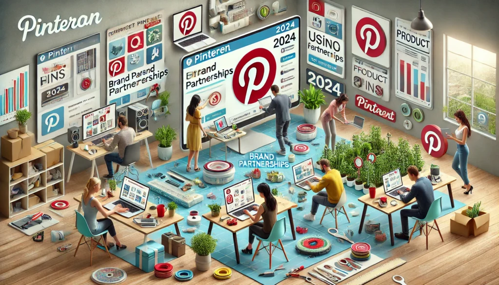 DALL·E 2024-07-18 21.20.19 - A realistic horizontal image showing people using Pinterest for various money-making activities in 2024. The image should feature individuals working - 5 Maneiras de Lucrar no Pinterest em 2024: Um Guia Abrangente para Criadores e Empresas