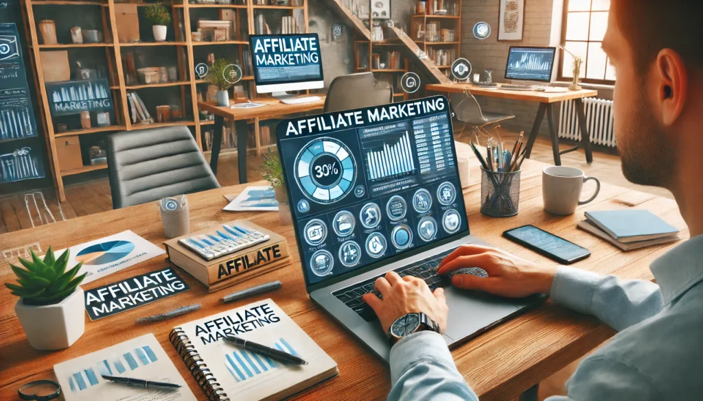 DALL·E 2024-07-18 21.24.15 - A horizontal image showing a person working on affiliate marketing. The setting is a modern home office with a laptop displaying an affiliate marketin - 5 Maneiras de Lucrar no Pinterest em 2024: Um Guia Abrangente para Criadores e Empresas