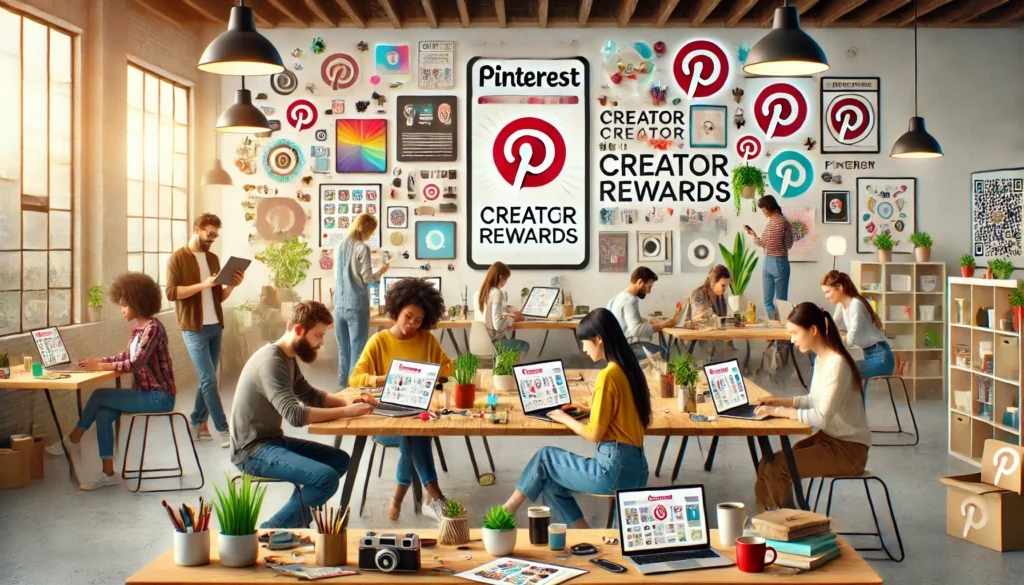 DALL·E 2024-07-18 21.25.16 - A horizontal image depicting the Pinterest Creator Rewards program. Show a group of diverse creators working on their projects in a modern, collaborat - Estratégias para Direcionar Tráfego