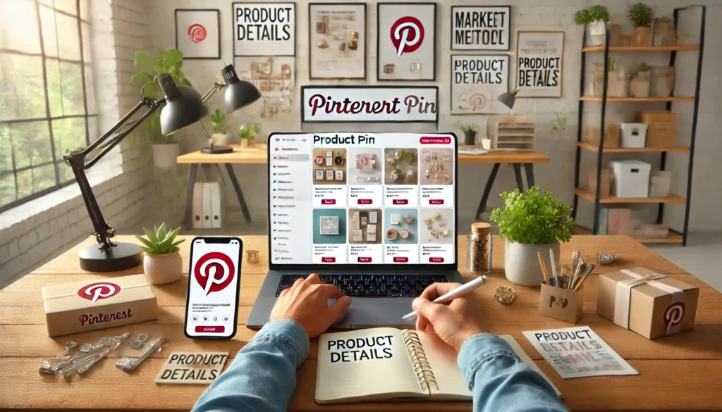 DALL·E 2024-07-18 21.30.15 - A horizontal image depicting the process of creating a product pin on Pinterest. The scene includes a person sitting at a desk using a laptop with the - 5 Maneiras de Lucrar no Pinterest em 2024: Um Guia Abrangente para Criadores e Empresas