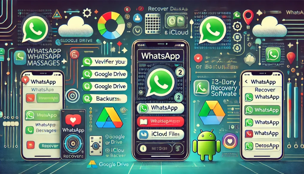 DALL·E 2024-07-23 11.50.26 - A detailed and visually appealing digital illustration showcasing the step-by-step process of recovering deleted WhatsApp messages on both Android and - Como Recuperar Mensagens Apagadas do Whatsapp 4 Métodos Simples