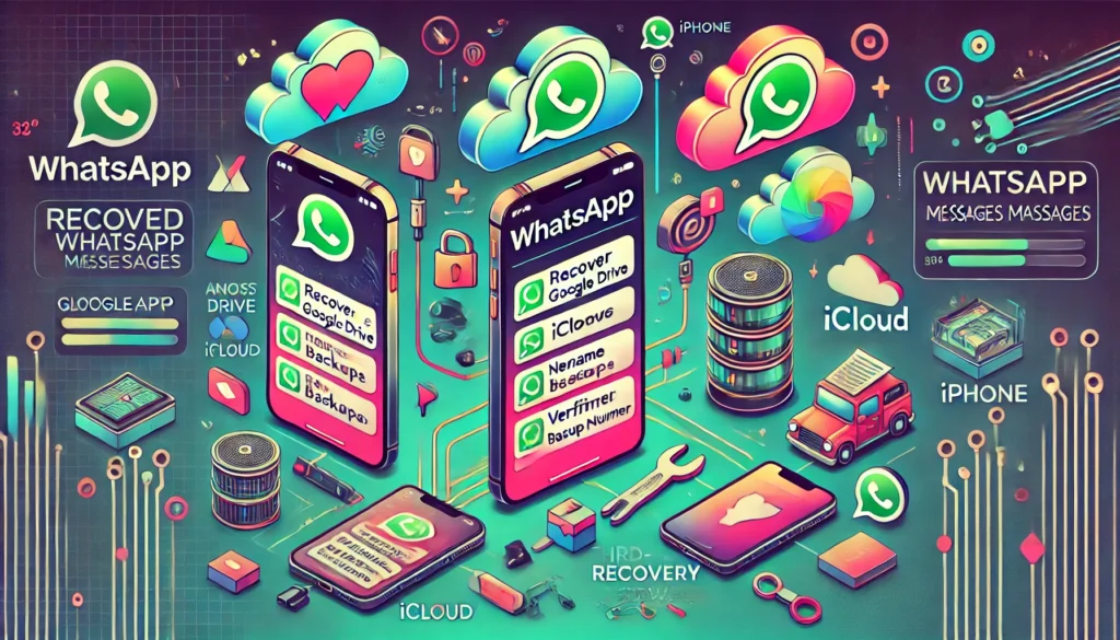 DALL·E 2024-07-23 11.56.08 - A comprehensive and visually engaging digital illustration demonstrating how to recover deleted WhatsApp messages on both Android and iPhone. The imag - Como Recuperar Mensagens Apagadas do Whatsapp 4 Métodos Simples