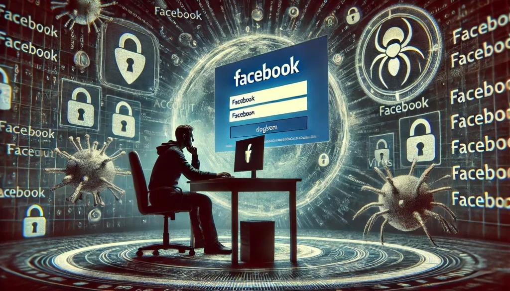 DALL·E 2024-07-23 18.01.48 - A widescreen digital art piece illustrating a user dealing with Facebook account issues. The composition shows a figure seated at a desk, engrossed in - Como Recuperar Conta do Facebook Confira Nossas Dicas de Recuperação